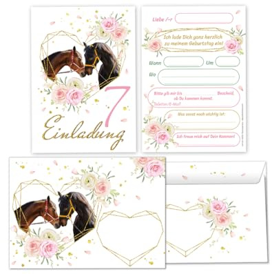 Minkocards 12 Einladungskarten incl. 12 Umschläge zum 7. Kindergeburtstag Mädchen zwei Pferde Einladung siebte Geburtstag Kinder Einladungsset