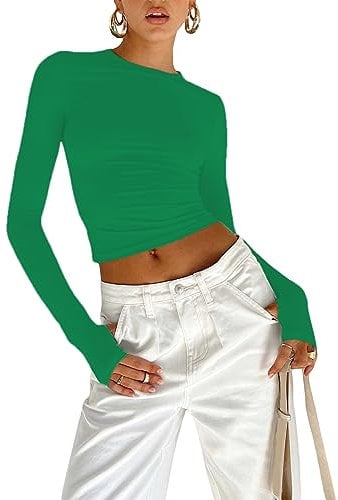 OYIGELZ Long Sleeve Tops Women's Basic T-Shirt Long Sleeves Crop Top Y2K Slim Fit Casual Round Neck Tee Shirt Streetwear(Green-b2,M)