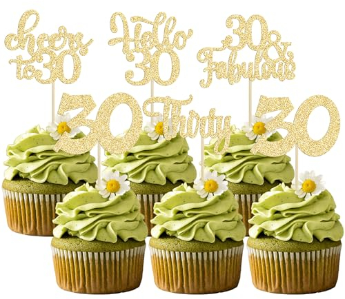 30Pcs Happy 30th Birthday Cupcake Toppers Gold Glitter Thirty Cheers to 30 Birthday Cupcake Picks for Happy 30th Birthday Anniversary Party Cake Decorations Supplies