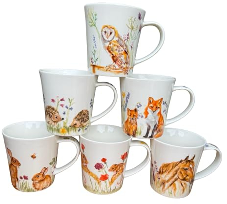 Tamersgifts Mug Set of 6 Animal Coffee Mugs with Owl, Hare, Fox, Hedgehog, Horse and Mouse Design, Fine China Tea Coffee Cups, Gifts for Animal Lovers with Gift Box, 300ml