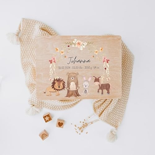wunderwunsch® - Personalisierte Erinnerungsbox Baby mit Spezial-Druck - Baby Erinnerungsbox - Erinnerungskiste aus Holz - Geschenk zur Geburt (Tiere Blumenkranz, M | Klappdeckel)