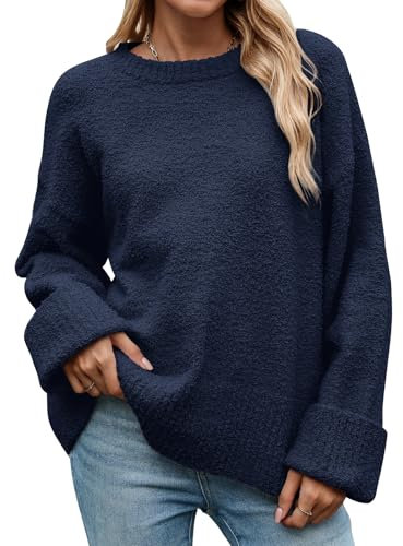 heekpek Women's Oversized Jumpers Long Sleeve Knit Tops Ladies Crew Neck Sweaters Casual Loose Fit Pullover, Navy Blue, M