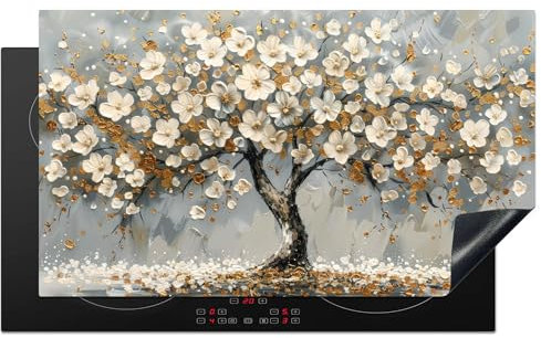 KitchenYeah© Copertura Tappetino Piano Induzione 90x52 cm Cucina Coprifornelli Protezione per Piano Induzione Albero della vita - Oro - Bianco