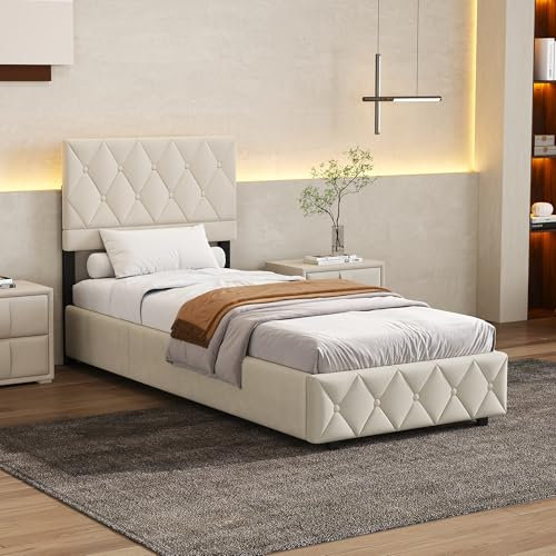 okwish Boxspringbett Polsterbett 90 x 200 cm mit Kopfteil in Knopfnahtverzierung, Hydraulisches Stauraumbett mit Bettkasten Stauraum, Einzelbett Jugendbett (Ohne Matratze)- Beige