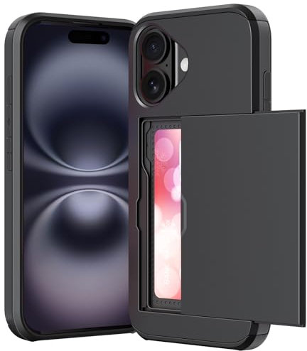 ACOCOBUY Compatible with iPhone 16 Case with Card Holder Shockproof Protective Dual Layer Hidden Credit Card Slot Heavy Duty Wallet Phone Cover Armor Rubber Bumper Shell 6.1 inch for Men Women Black