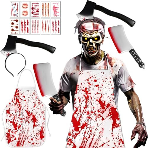 Ycaaeo Halloween Butcher Costume, Men's Butcher Costume with Bloody Apron, Knife in the Head Headband, Bloody Knife, Halloween Horror Butcher Costume for Carnival Halloween Role Play, White, One Size
