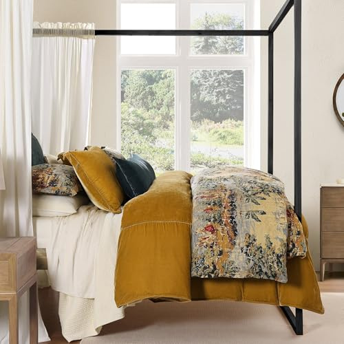 HiEnd Accents Provence Washed Linen 3 Piece Queen Duvet Cover Set, Gold Yellow Victorian Print Classic Vintage Comforter Cover, Toile Pattern Shabby Chic Bedding Set with Pillow Shams