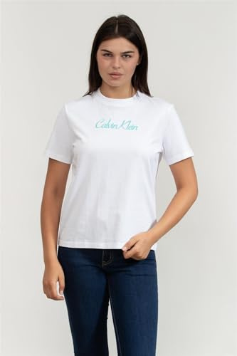 Calvin Klein Damen T-Shirt Kurzarm Classic Logo Tee aus Baumwolle, Weiß (Brilliant White), XS