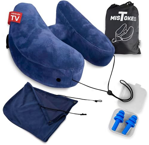Almohada Viaje Hinchable - Almohada para Avion Ajustable - Kit Viaje Avión con Accesorios - Cojín de Viaje con Tapones y Capucha Incluidos - Accesorios Viaje Cojin Cuello Acabado Terciopelo Azul