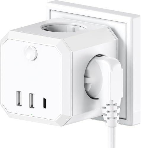 7 IN 1 Steckdosenleiste,Mehrfachsteckdose mit 4-Fach und 1 Typ-C und 2 USB,Steckdosenadapter für Hause Reisen,Weiß