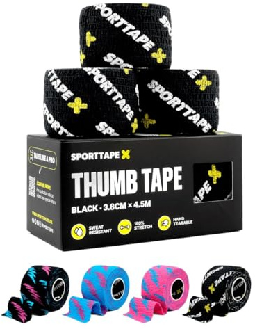 SPORTTAPE 3 Rolls Weightlifting Thumb Tape - Black, 3.8cm - Hook Grip Tape | Easy Tear, Latex Free, Sweatproof Adhesive | Increases Grip | Blister Protection for Gym, Cross Fit, OLY Lifting, Finger