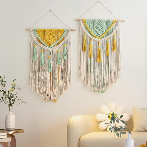 BMIDRUT Makramee-Wandbehang, Boho-Heimdekoration, handgefertigter Makramee-Wandteppich, gewebte Dekoration für Schlafzimmer, Wohnzimmer, Wohnheim, Galerie, 45 x 70 cm (Grün+Gelb)
