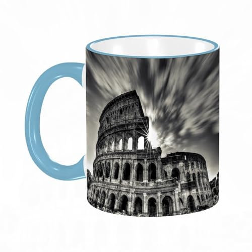 YOIUE Tasse aus Keramik - Große 11oz Tassen 330ml Kaffeetassen mit Henkel, 100% Handbemalt - Trinkgläser mit Griff - Weiß,Kolosseum, Rom, Italien
