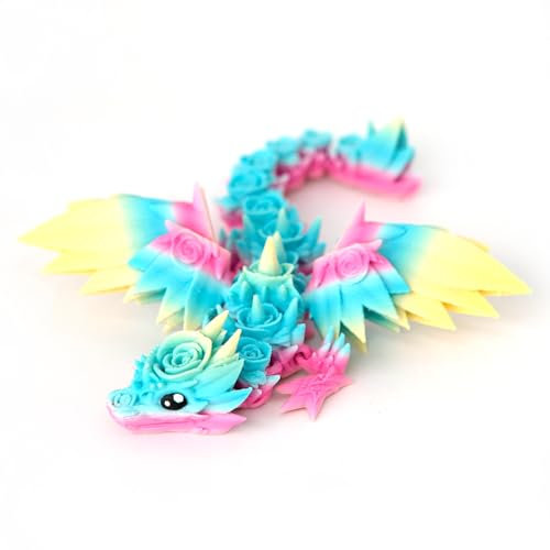 HiesDeosn 3D Printed Rose Dragon with Wings,7 Inches Cute Winged Dragons Articulated Desk Decoration Fidget, 3-D Gift for Rose Lover,Rainbow Candy