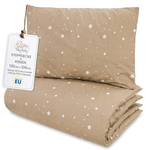 Kinder Bettdecke ohne Bezug 100x135 cm - Baumwolle Baby Decke und Kissen Set Kinderdecke 100 x 135 und Kopfkissen 60 x 40 - Bettdecken Kinderbettdecke Oeko-Tex Beige mit Weiß Sternen