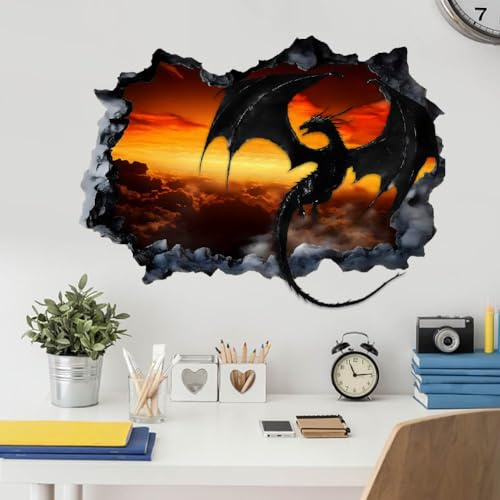 SUPERDANT 3D Wandtattoo Mit Schwarzem Drachen 3D Wandsticker Mit Schwarzem Drachen Wandaufkleber Kinderzimmer Vinyl Wandsticker Für Jungen Kinderzimmer Spielzimmerdekoration