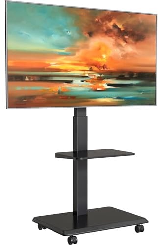 ECOTINY Supporto per TV girevole in acciaio per TV da 37 a 75 pollici, fino a 50 kg, orientabile, regolabile in altezza, con ripiano, supporto per TV con gestione dei cavi nascosti, VESA 600 x 400 mm
