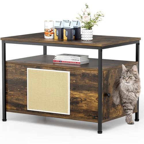 MAMIZO Katzenklo Schrank, 80 x 50 x 59 cm, Katzentoilette Schrank mit Katzenhöhle, Katzenhaus mit Offenem Regal, Katzenschrank Groß mit Tür Kratzmatte,XL,hohe Beine,für Große Katzen,Tigerholzfarbe