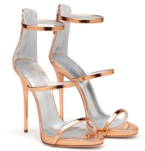 Sandales à Talons Aiguilles à Bride Cheville pour Femmes, Sandales D'éTé à Bout ouvert avec Fermeture éClair, Chaussures de SoiréE Polyvalentes et Sexy pour Bal de Promo,Rose gold,42 EU