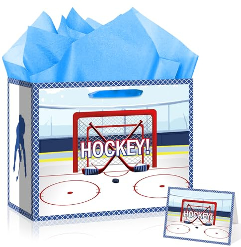 Hockey-Geburtstags-Geschenktüte, Eishockey-Geschenkpapier mit Seidenpapier, Grußkarte, Geburtstagsparty-Dekorationen, Zubehör für Jungen, Mädchen, Kinder, Teenager, Männer, Sport-Fans, Team-Dekoration
