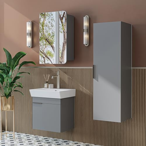 ROOMART Badmöbelset LYCIA 50 cm Unterschrank mit Keramik-Waschbecken, Spiegelschrank, Seitenschrank, Badezimmermöbel in 4 Farben (Hellgrau, Komplett-Set)
