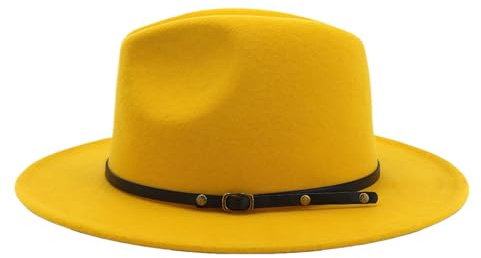 OHEETU 23 Zoll Gelbe Fedora-Mütze mit Gürtels Chnalle Verstellbare Breite Filz-Panama-Hüte Unisex Trilby Caps Church Jazz Cap
