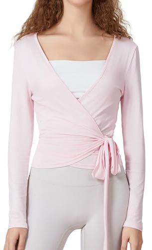Kfsghdnz Damen Y2K Ballett-Top mit Kreuzwickel, langärmelig, tiefer V-Ausschnitt, schmale Passform, Yoga, Pilates, zum Binden von Bolero, Workout, tailliertes Shirt