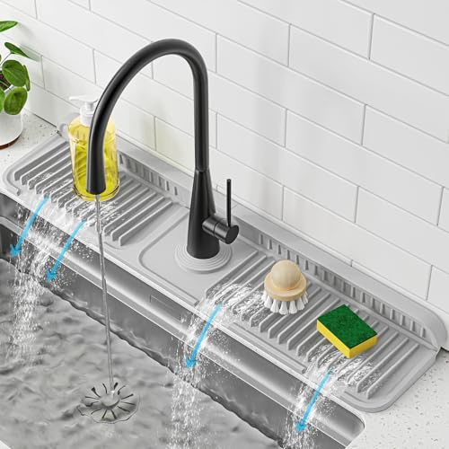 PoYang 24 inch Faucet Mat for Kitchen Sink Splash Guard, 7° Slope Silicone Sink Water Splash Guard for Kitchen Sink Area with Snap, Longer Sink Protectors for Kitchen Sink Sponge Holder, Light Grey | Sink Protectors with 7° Slope for Smooth Drainage, Snap Button Holds It in Place, 90° Foldable & Cuttable Hole Fit Most Sinks