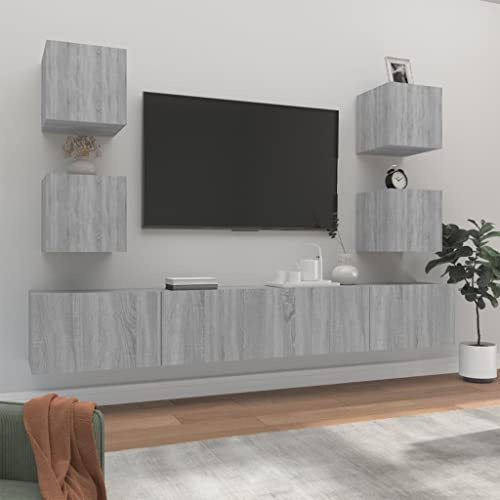 HETFTJN 6-TLG Wand TV-Schrank Set Grau Sonoma 100x30x30 cm & 30,5x30x30 cm Holzwerkstoff Modernes Lowboard mit viel Stauraum für Wohnzimmer und Flur