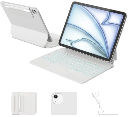 RAYMCRAFT für iPad Air 11/Pro 11 Zoll (4./3./2./1. Gen.) Hülle mit Tastatur | 11-Farben Hintergrundbeleuchtung, Smart Trackpad, Magnet‑Schwebhalter, Stifthalter, Magic Keyboard für iPad Air 5./4. Weiß