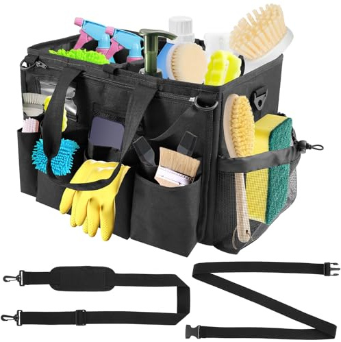 Cleaning Caddy Bag with Handle Tear Resistant Large Capacity Cleaning Supplies Organiser with Shoulder Strap 39x27x24cm Portable Foldable Tool Organizers for Doing Housework, Home, Car, Garden