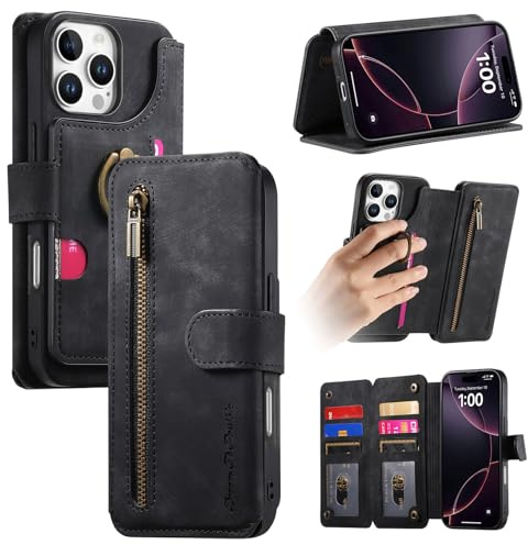 Trugox Zip Wallet Case for Apple iPhone 16 Pro Phone Case with Ring Stand RFID Blocking Safe Card Holder Leather Purse Folio Book Folding Flip Case Cover Women Men - Black
