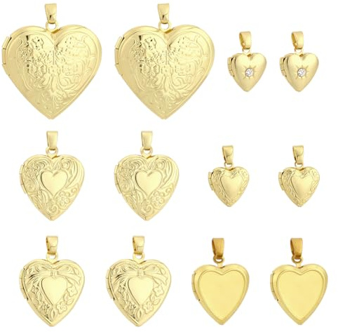 CRAFTYMELODY 12 Stück Herz Foto Rahmen Charm 6 Stile 18K Gold Platiniert Messing Foto Medaillon Anhänger Herz Geschnitten Muster Memory Medaillon Bild Charms