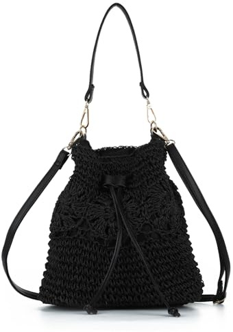 EVEOUT Straw Crossbody Bag Women Summer Boho Chic Faux Raffia Woven Bucket Bag with Handle and Strap for Beach Holiday & Daily Use