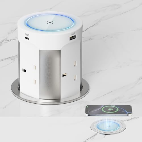 Pindus Pop Up Sockets for Kitchen Worktops, 15W Wireless Charging, Ø100 mm | 4 UK Plug Sockets, Recessed Design, 2 USB-C + 2 USB-A, 75W Total USB Power, 1.8 m Cable, White, for Office and Desk