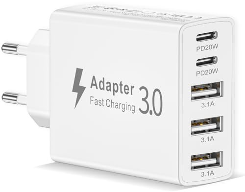 USB C Ladegerät 50W 5 Ports Mehrfach Ladegerät mit 3 USB-A und 2 USB-C | 50W USB-C Netzteil Fast Charge PD 3.0 USB Power Adapter Kompatibel mit iPhone 17/16/15/14/13/12/11 Pro Max, Tablets, Samsung