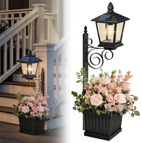 Solar Lamp Post Outdoor Garden, 2-in-1 Solar Garden Lamp Post with Planter, Metal Pole, Auto On/Off, Wall Mount/Standing Solar Planter Lights IP65 Waterproof, Decorative Lamp for Garden, Patio, Porch