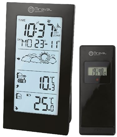 Miraval Funk-Wetterstation mit Außensensor, Digital, Schwarz, DCF77-Funksignal, Temperaturanzeige °C & °F, Wettersymbole, 2 Alarme (Schwarz)