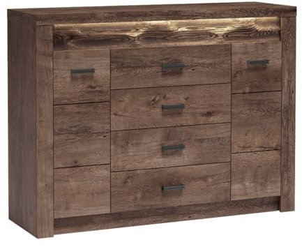 Mirjan24 Kommode Indiano I-07 mit 4 schubladen, Highboard, Anrichte, Mehrzweckschrank, Sideboard, Wohnzimmer Schrank (Esche Dunkel, mit warmweißer LED-Beleuchtung)