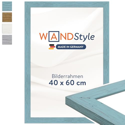 WANDStyle Bilderrahmen 40x60 Blau, rustikaler Bilderrahmen Holz 40x60 cm | Hochwertiger Holzbilderrahmen, Posterrahmen zum Aufhängen, Rahmen 60x40 cm, Fotorahmen H750 - Made in Germany
