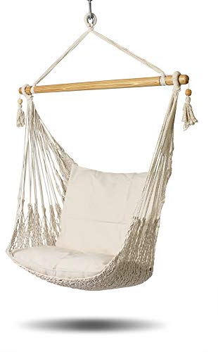 HOBEA-Germany Hängesessel, Vintage Hängestuhl Boho-Look, Hängeschaukel Fransen Uni Deluxe, Farben Hängesessel:Natur geflochten