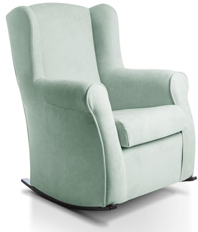 Sillon orejero balancin wengué CARLA (Sillon lactancia)Sillón tapizado antimanchas acualine color Verde Agua. Mecedora para dormitorio, salon o habitacion de bebe