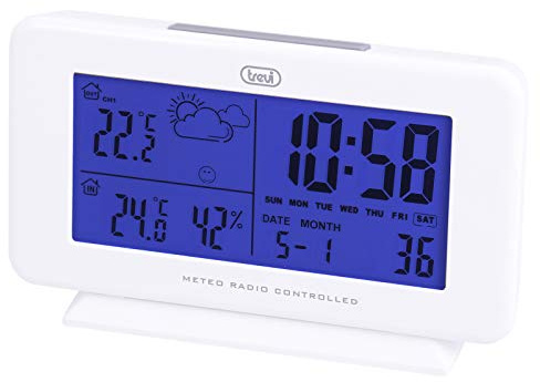 Trevi ME 3P08 RC Stazione Meteo Radiocontrollata con Sensore Esterno Senza Fili, Temperatura, Umidità, Previsioni Meteo, Retroilluminazione LED, Funzione Sveglia/Calendario, Bianco