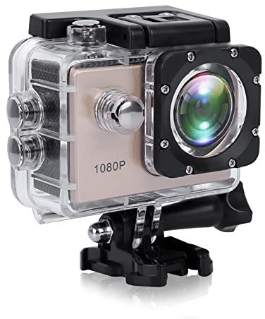 Bindpo Action Camera, 1080P 12MP HD 30M Waterproof Sports Camera 2 Inch Touch Screen with Accessories for Vlogging, Diving, Skiing(Golden)