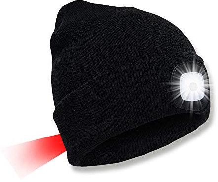 SPGOOD LED Beanie Beleuchtete Mütze mit Licht,Wiederaufladbare USB Winter Warm LED Mütze mit Licht,Lampe Laufmütze für Angeln,Jogger,Camping,Laufen(2 Lichter Schwarz)