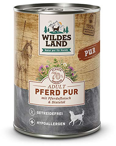 Wildes Land - Nassfutter für Hunde - Pferd PUR - 12 x 400 g - mit Distelöl - Getreidefrei & Hypoallergen - Extra hoher Fleischanteil von 70% - Beste Akzeptanz und Verträglichkeit