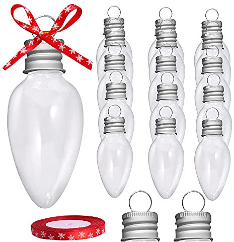 16 Packs 3.4 Inch Fillable Light Bulb Shape Clear Plastic Christmas Ornaments with Screw Off Cap and 1 roll of Red Snowflake Ribbon for DIY Crafts Christmas Tree Hanging Decoration