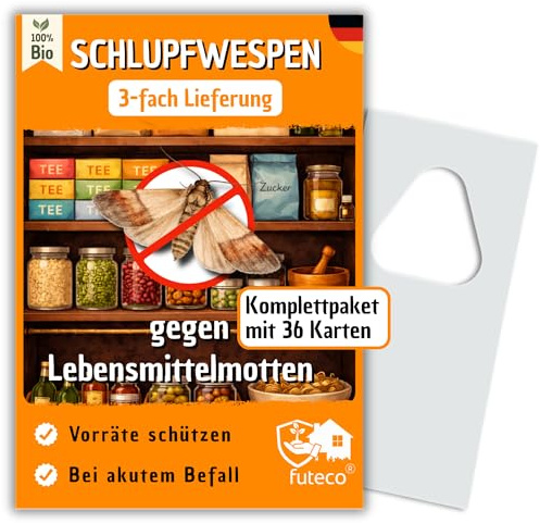 Schlupfwespen gegen Lebensmittelmotten – 36 Karten (12 Karten á 3 Lieferungen) – Mottenbefall natürlich bekämpfen – Für Küche, Vorratsschrank & Speisekammer – Alternative zu Mottenfalle & Spray