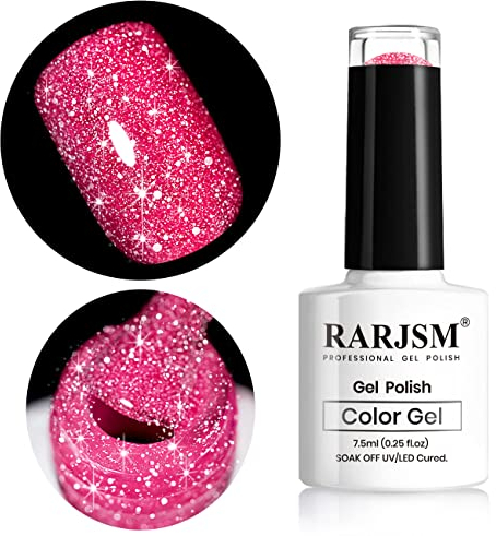 RARJSM Neon Pink Sparkle Gel Nail Polish,Reflective Glitter Pink Gel Polish,Disco Diamond GelPolish Shimmer Pigment Soak Off Curing Requires 7.5ml Single Bottle Home Salon Nail Art Manicure Design