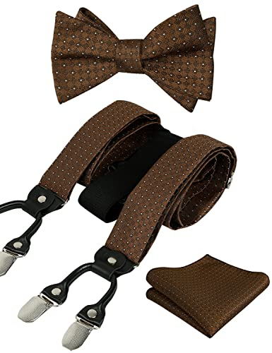 Alizeal Herren Polka Dot Hosenträger und selbstgebundene Fliege mit Einstecktuch im Set,Braun